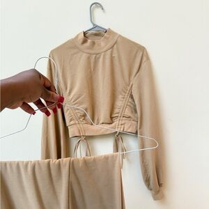 Shein Beige Crop top Jogger Set Runched Top